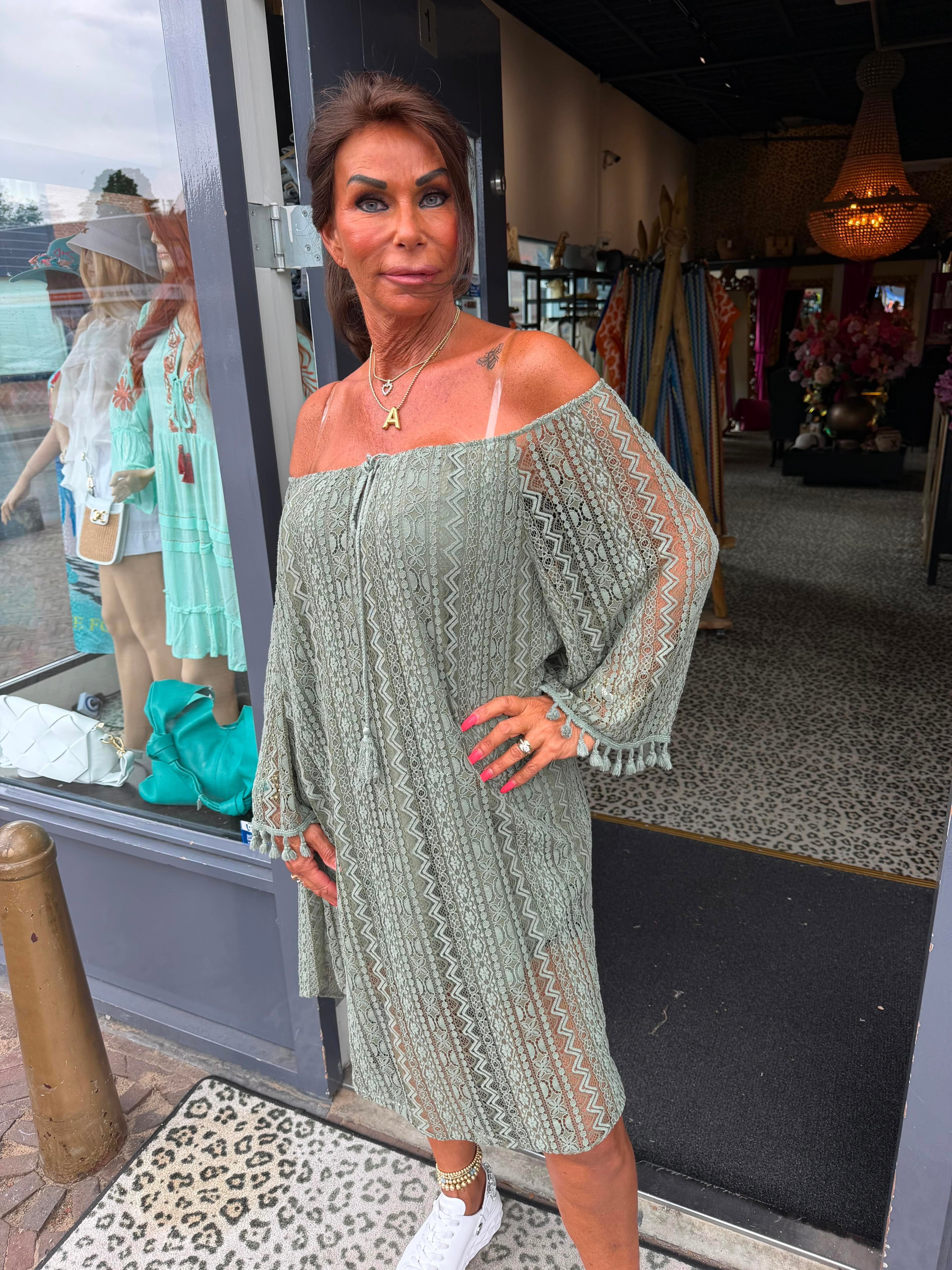 Jurkje off shoulder "Lace" legergroen