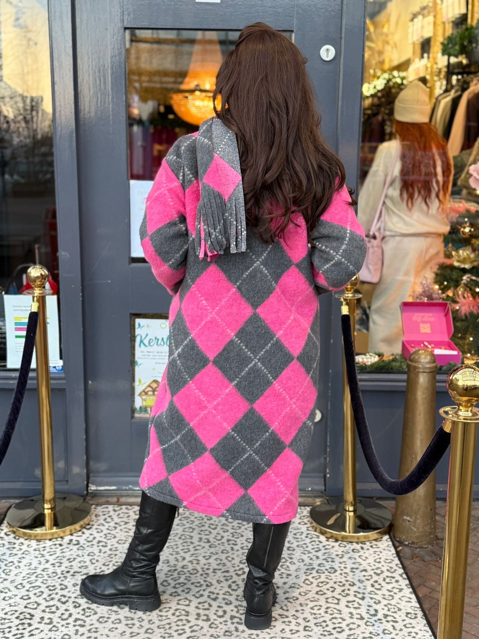 Lange jas met sjaal “Candy” roze/grijs