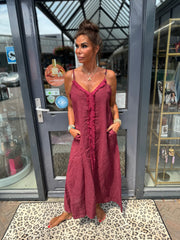 Spaghetti jurk broderie ibiza wijnrood