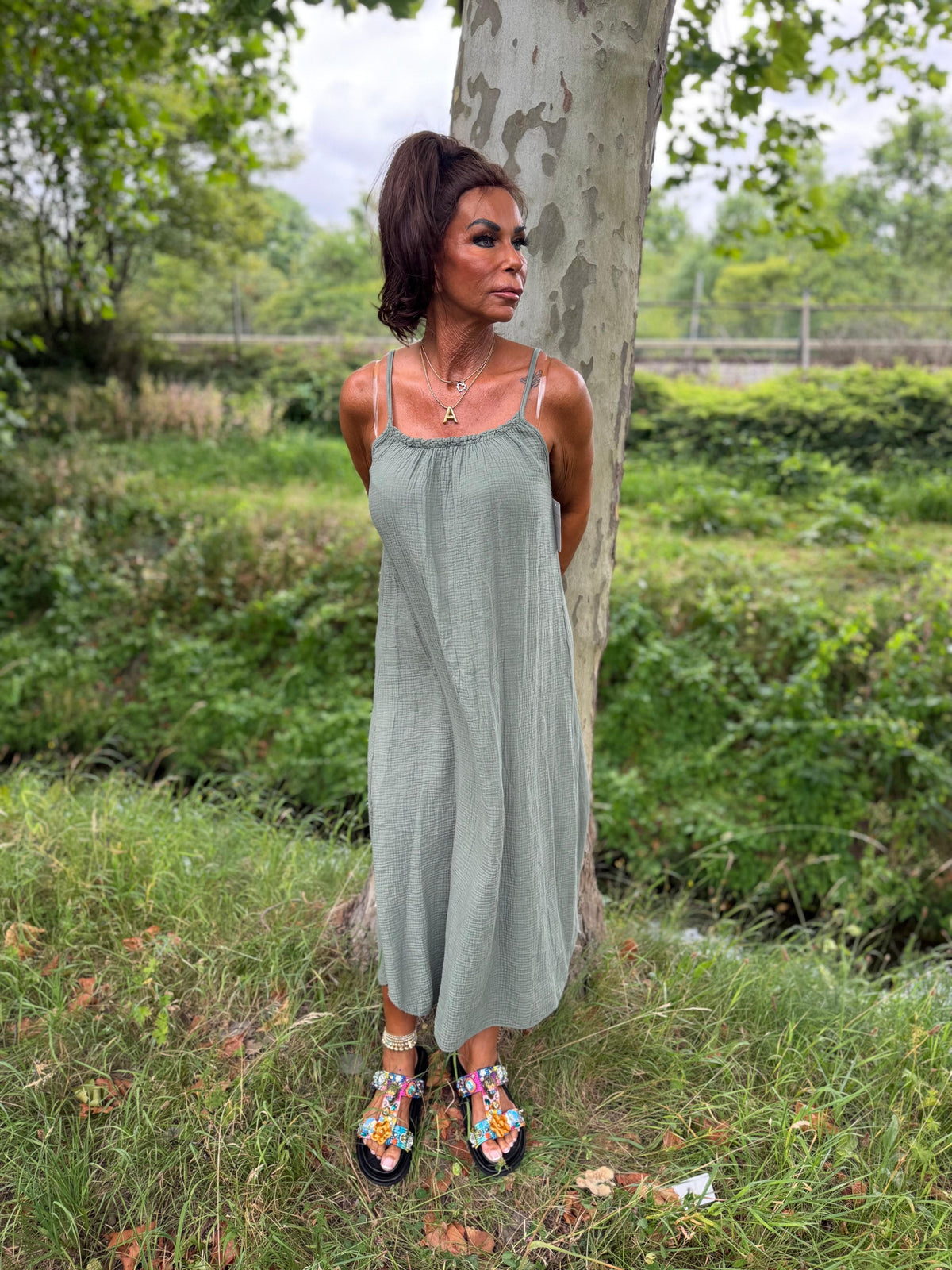 Maxi-jurk met spaghettibandjes "pony" groen