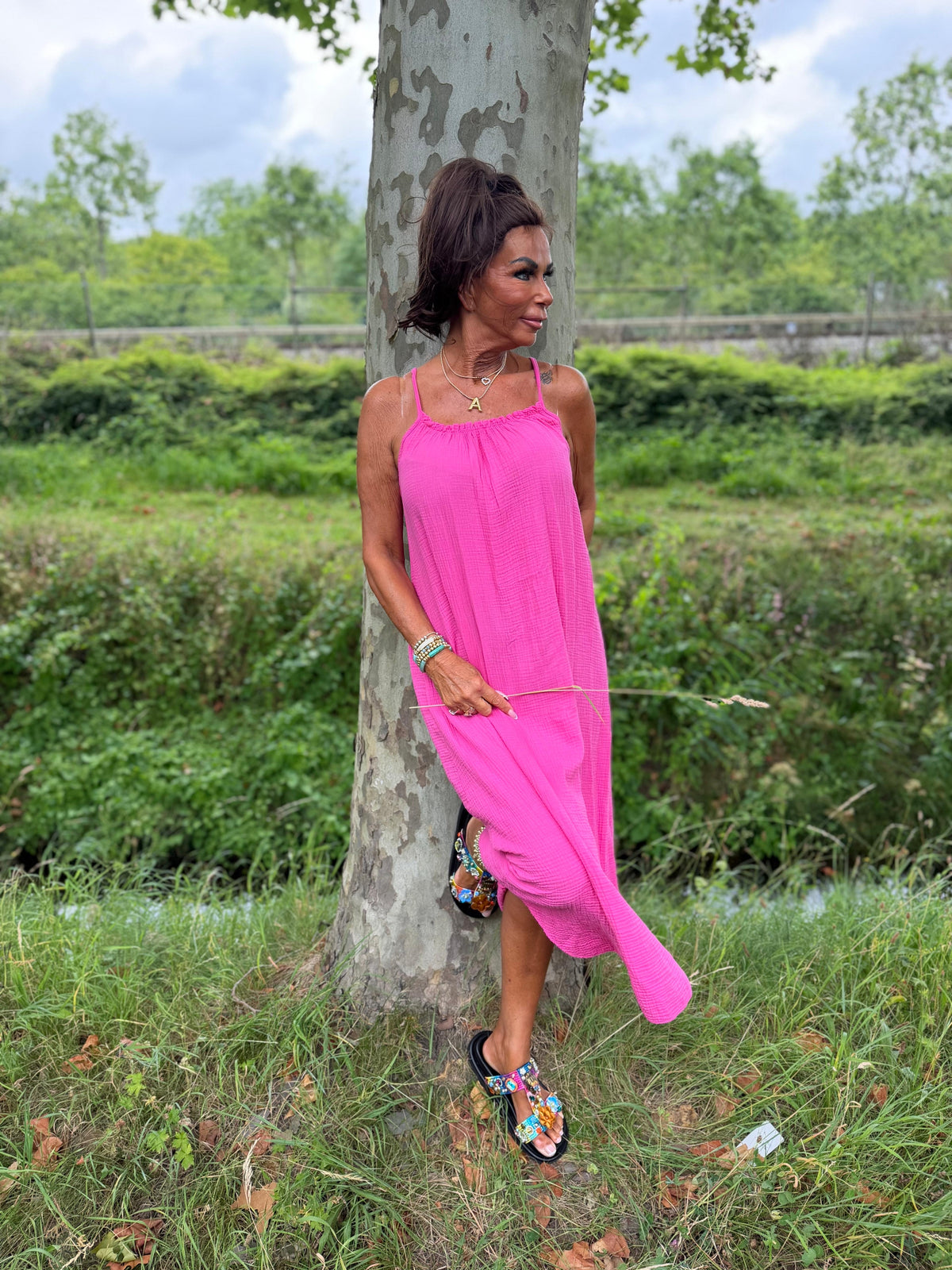 Maxi-jurk met spaghettibandjes "pony" fuchsia