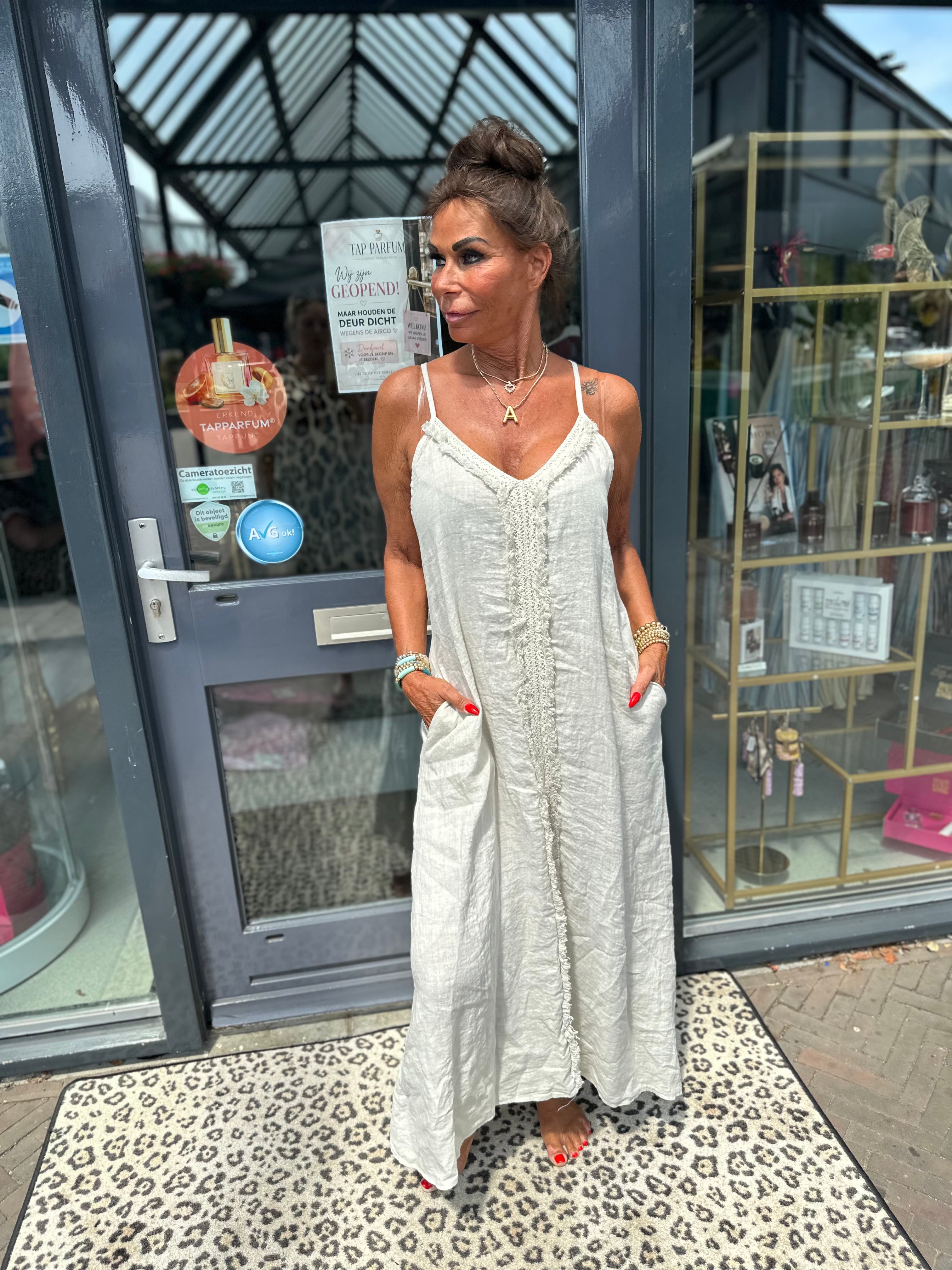 Spaghetti jurk broderie ibiza beige