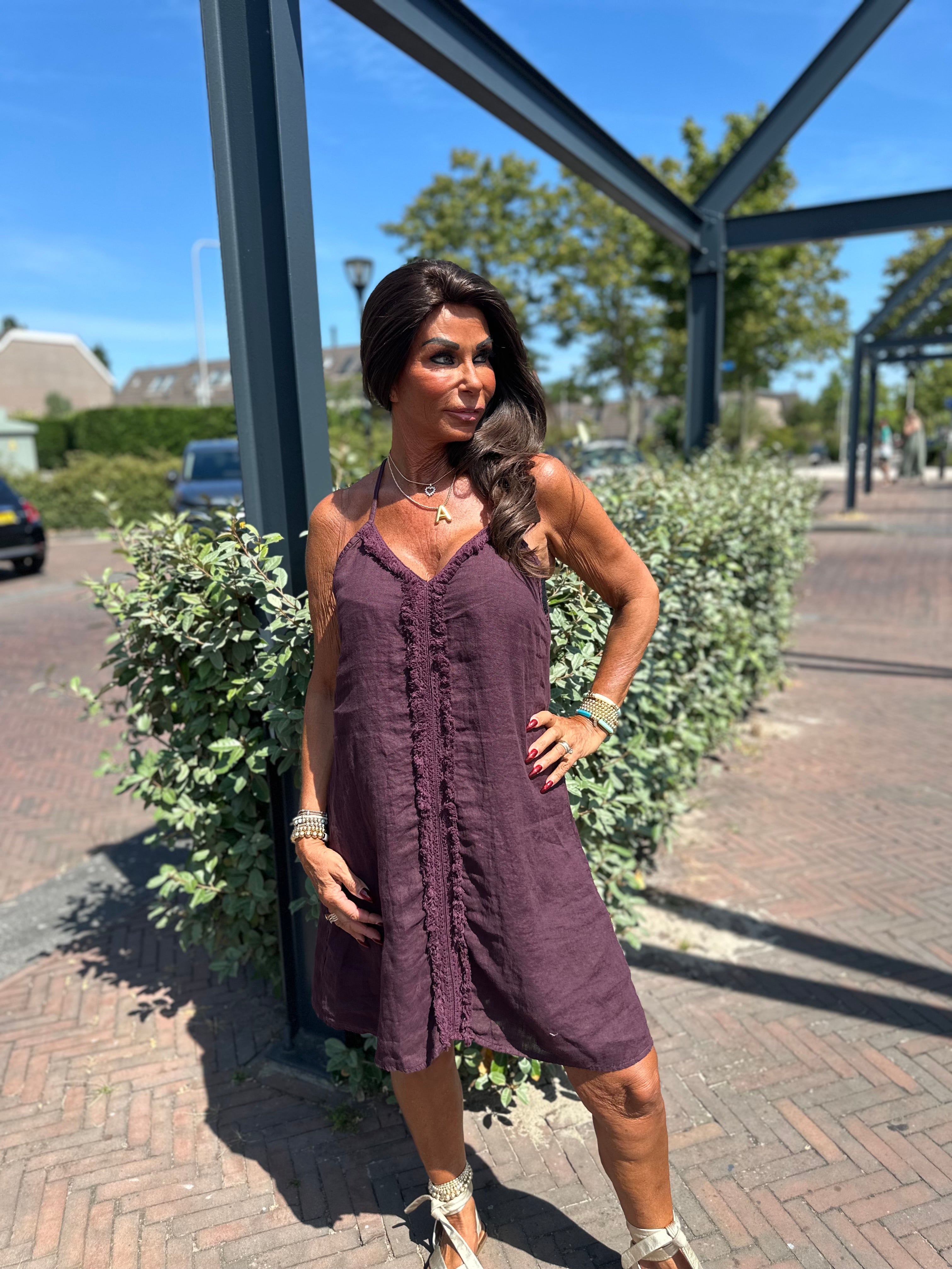 Korte jurk Broderie Mallorca Aubergine