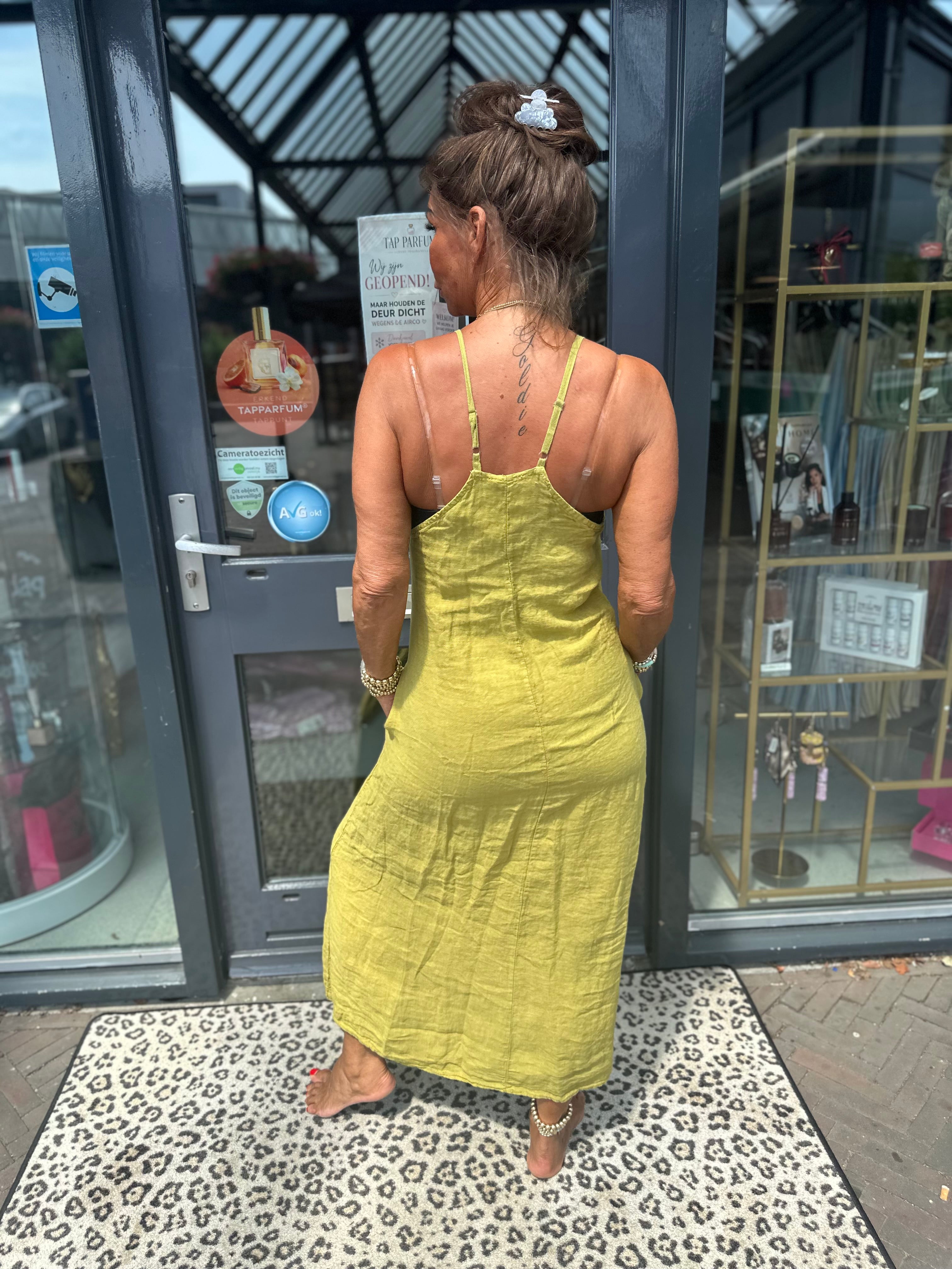 Spaghetti jurk broderie ibiza limegroen