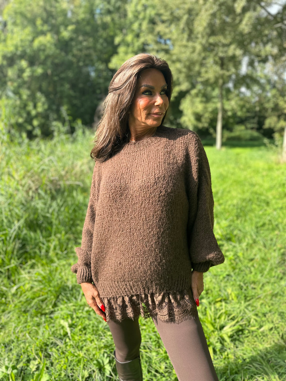 Gebreide trui kant "Knitted" bruin