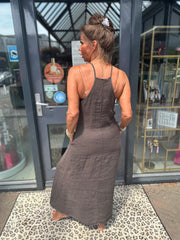 Spaghetti jurk broderie ibiza donkerbruin