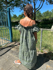 Lange off shoulder jurk "Tapas" Legergroen