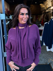 Offshoulder Trui met sjaal “Cuba” aubergine