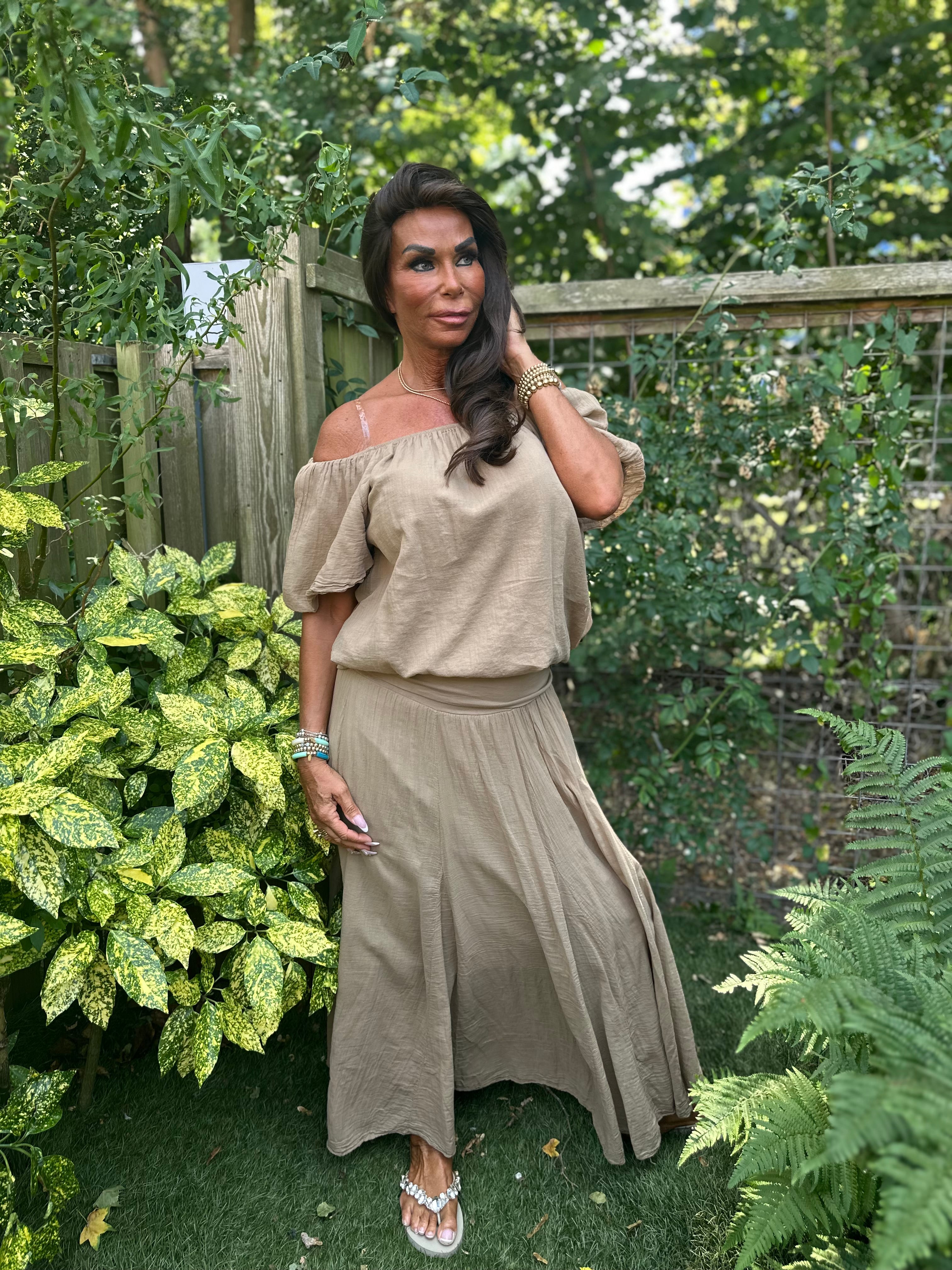 2 delig set lange rok en top "Lina" camel