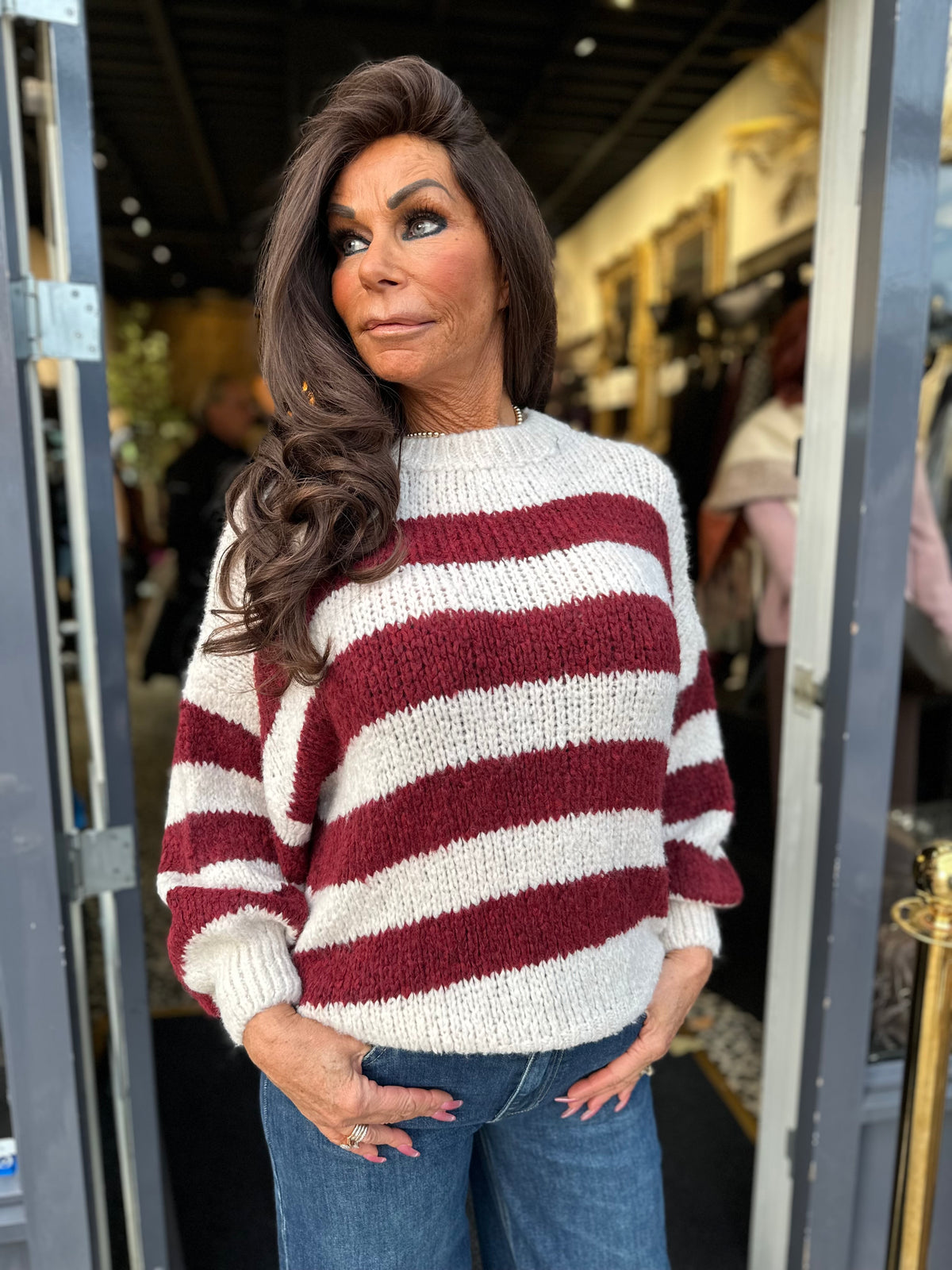 Trui Knitted “STRIPE” Ecru/Bordeaux