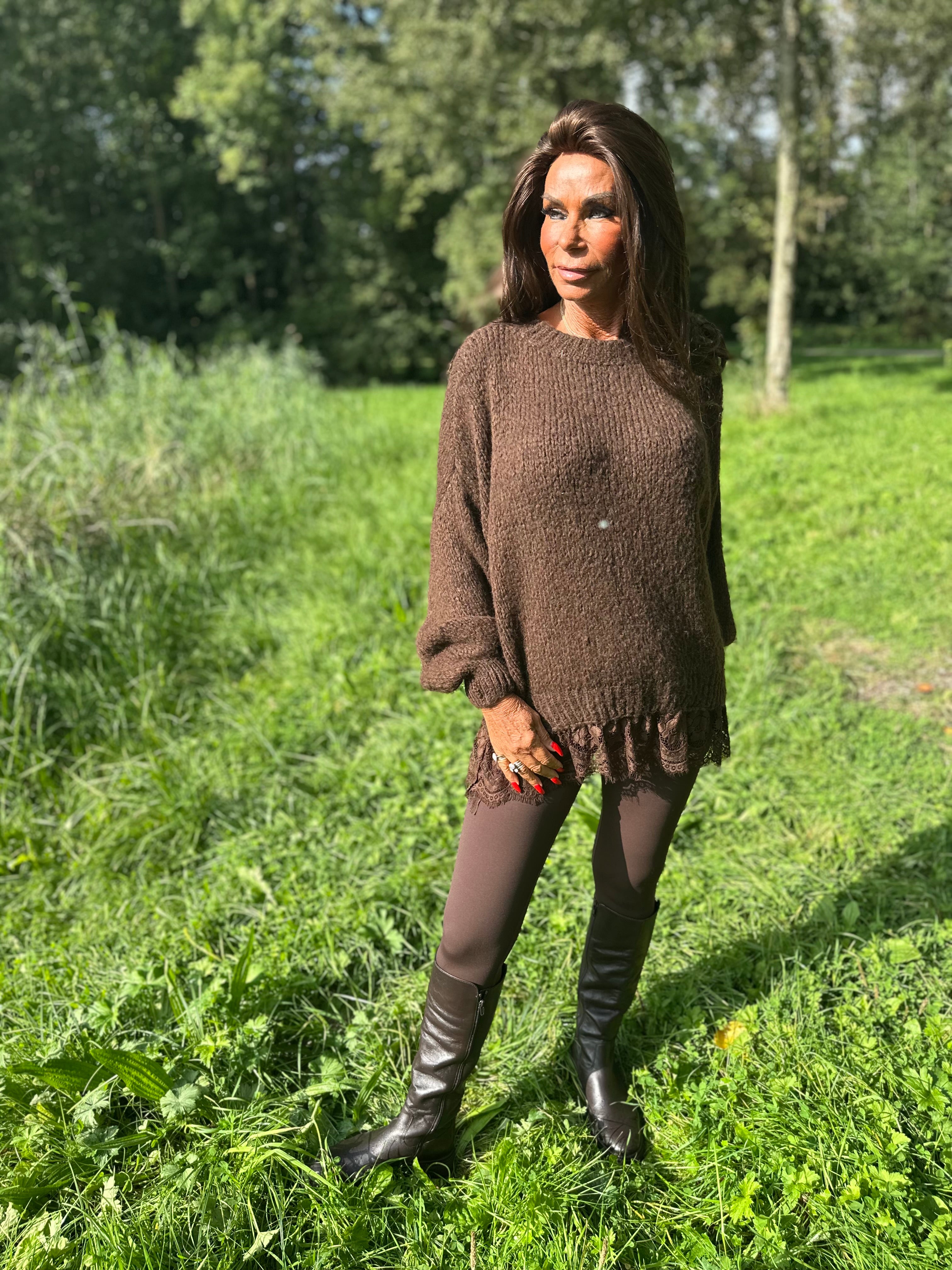 Gebreide trui kant "Knitted" bruin