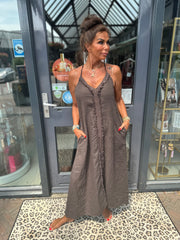 Spaghetti jurk broderie ibiza donkerbruin