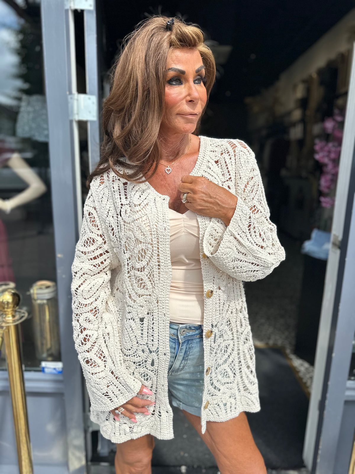 Gehaakt vest "Lola" Beige ronde hals