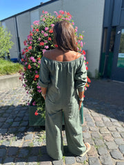Linnen Offshoulder jumpsuit "Annie" Legergroen