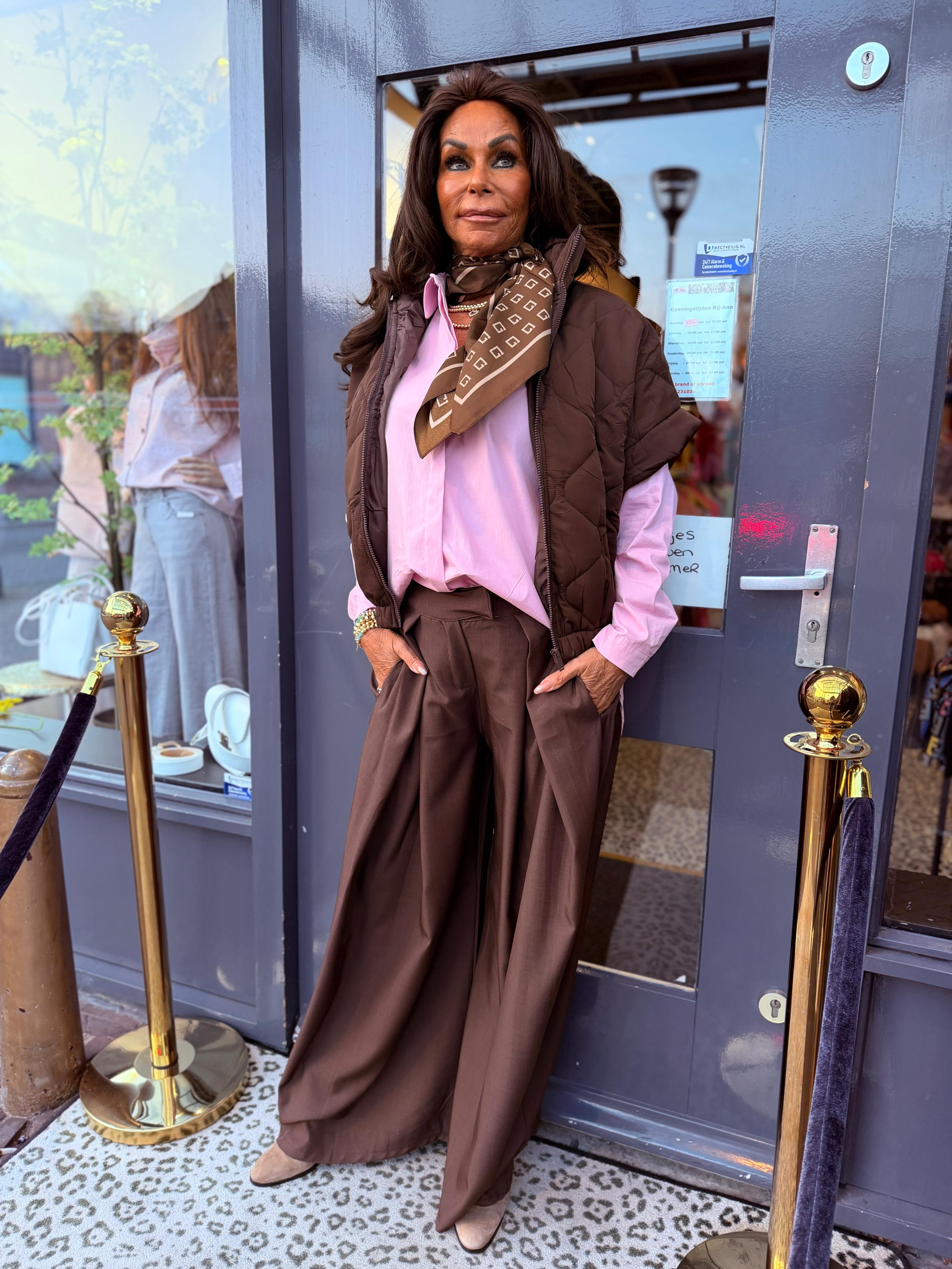 Wide leg pantalon “plooien” Donkerbruin