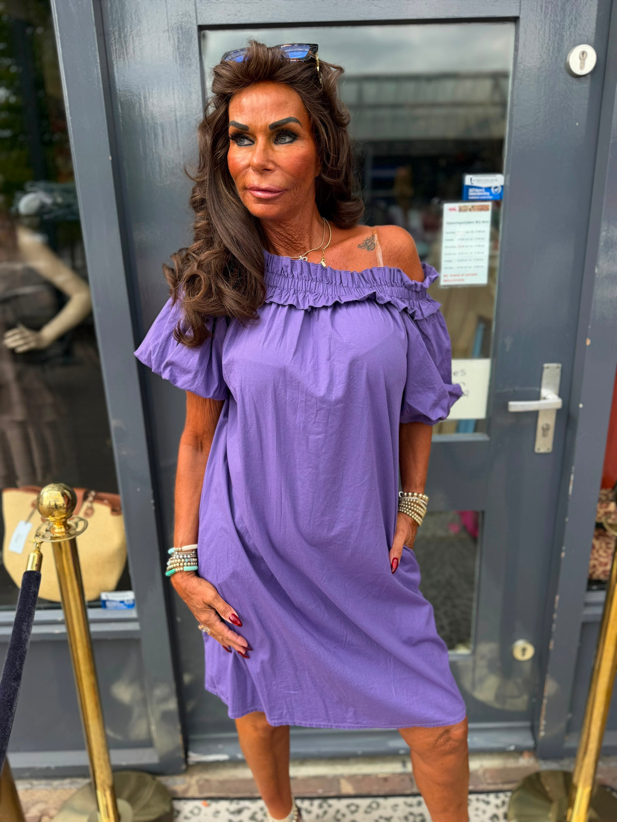 Offshoulder jurkje “Selina” effen paars