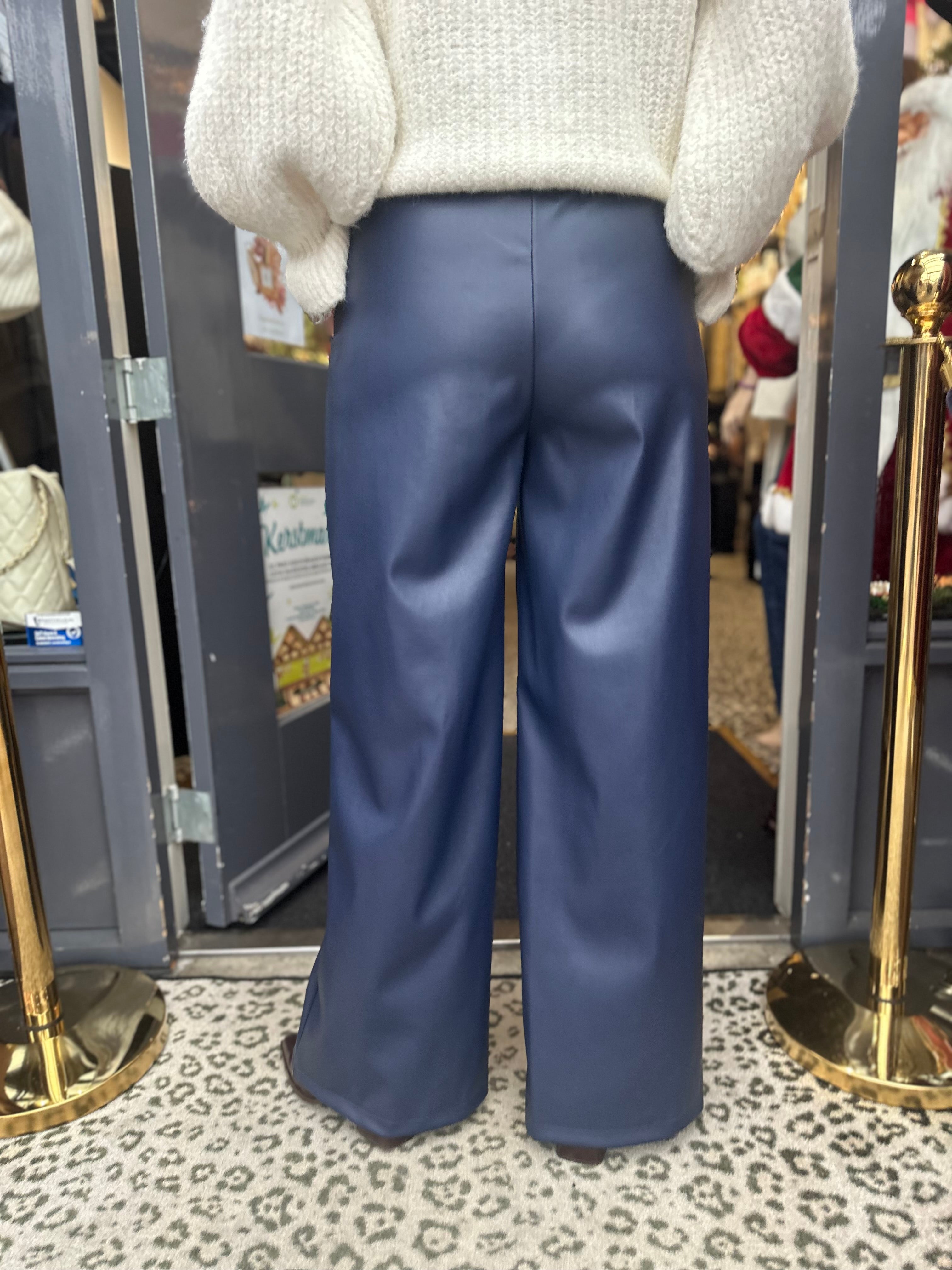 Leatherlook wide leg broek "Donkerblauw