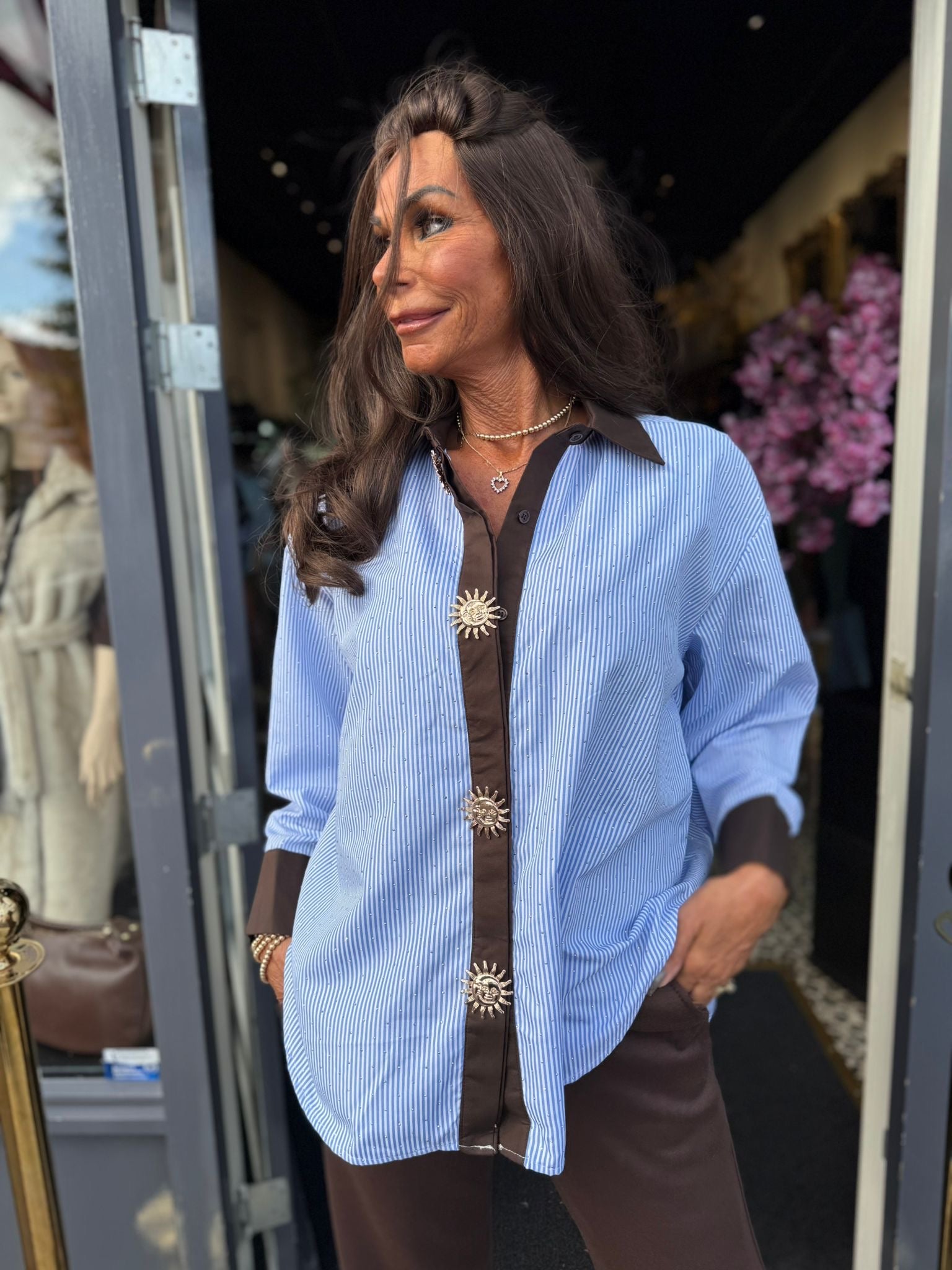 Blouse "Avery" Blauw/bruin bling