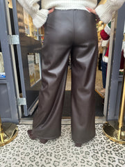 Leatherlook wide leg broek " Donkerbruin