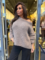 Offshoulder Trui "Knitted" Taupe