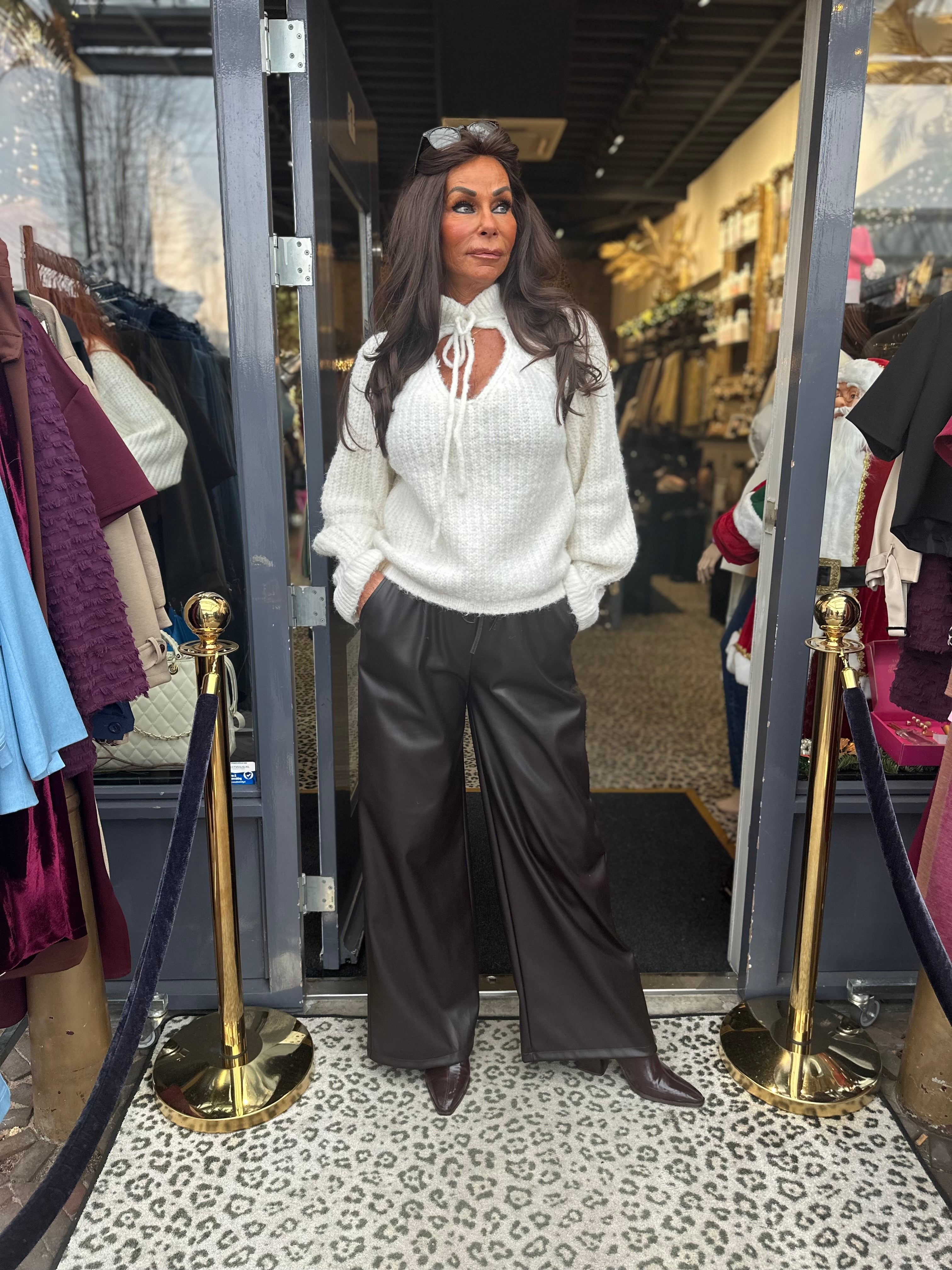 Leatherlook wide leg broek " Donkerbruin