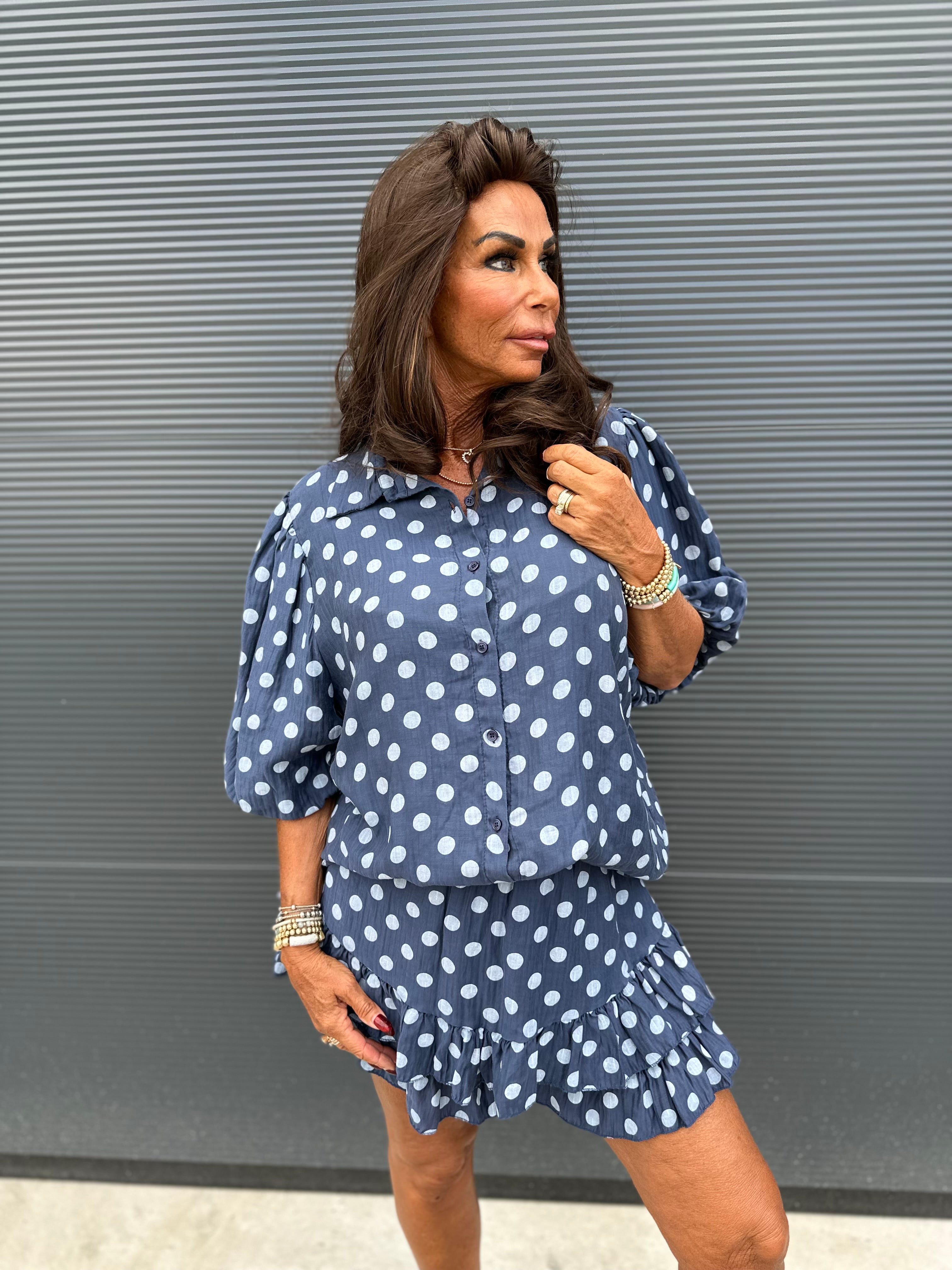 2 delig korte set "dotje” donkerblauw