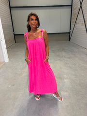 Badstof jurk "Fuchsia”. Spaghettibandjes