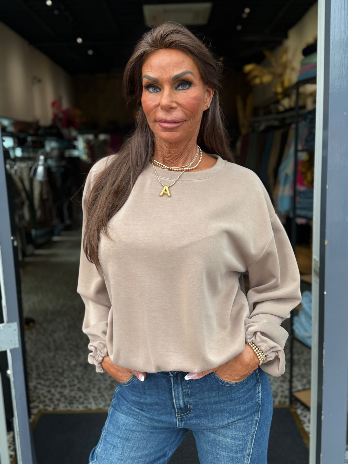Top "Mooij" lange mouw taupe