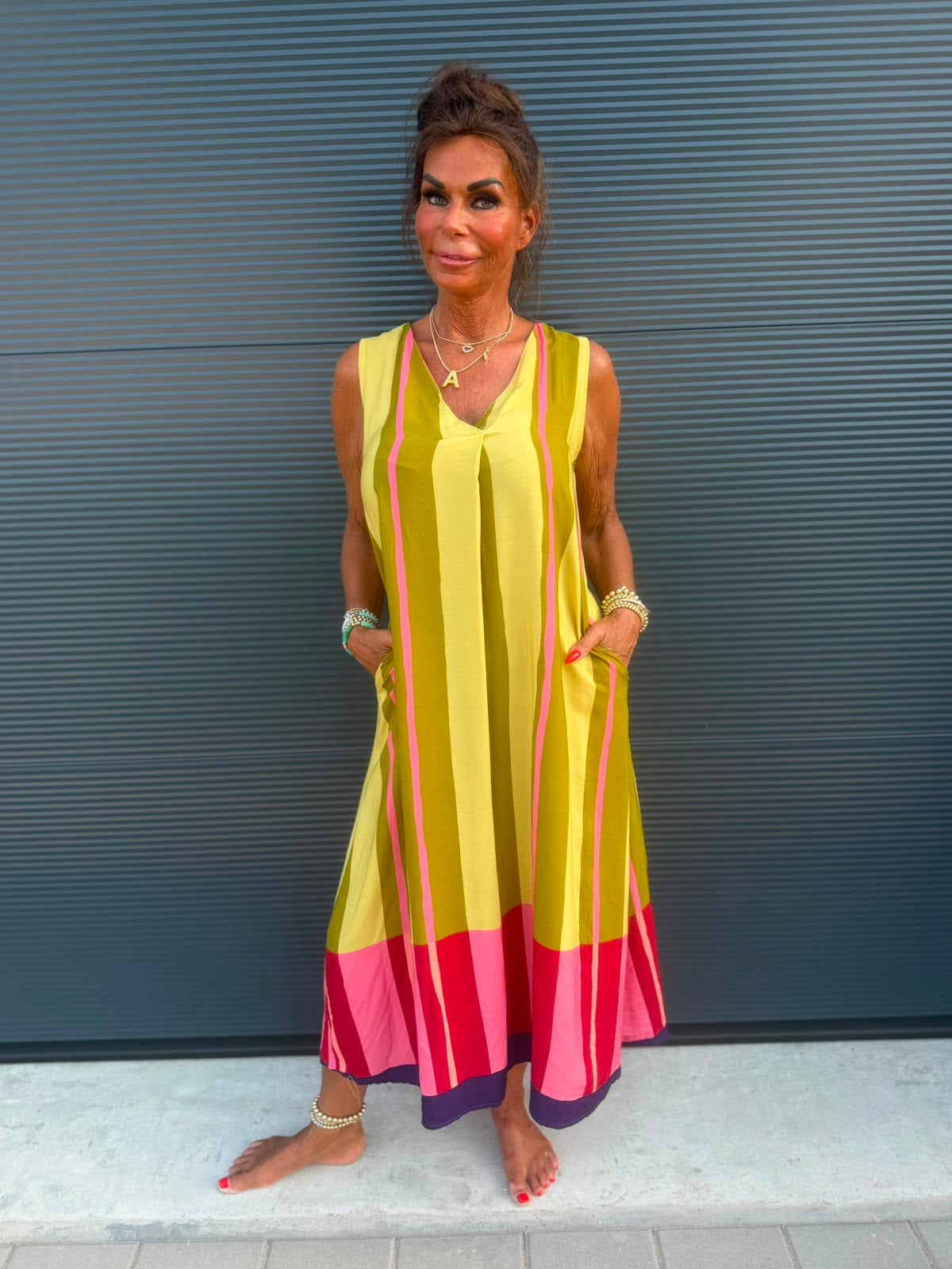 Viscose stripe jurk limegroen
