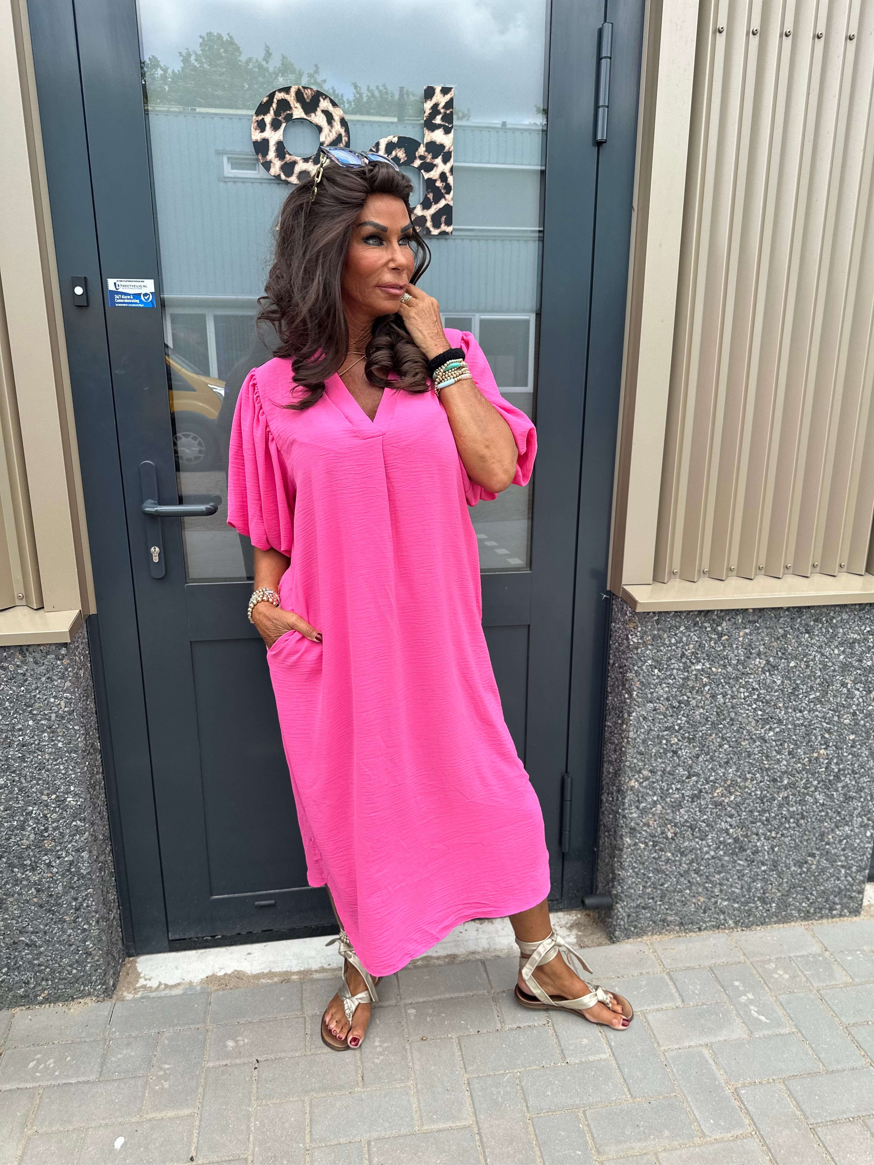 Lange jurk pofmouw "Britt" fuchsia