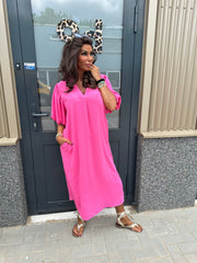Lange jurk pofmouw "Britt" fuchsia