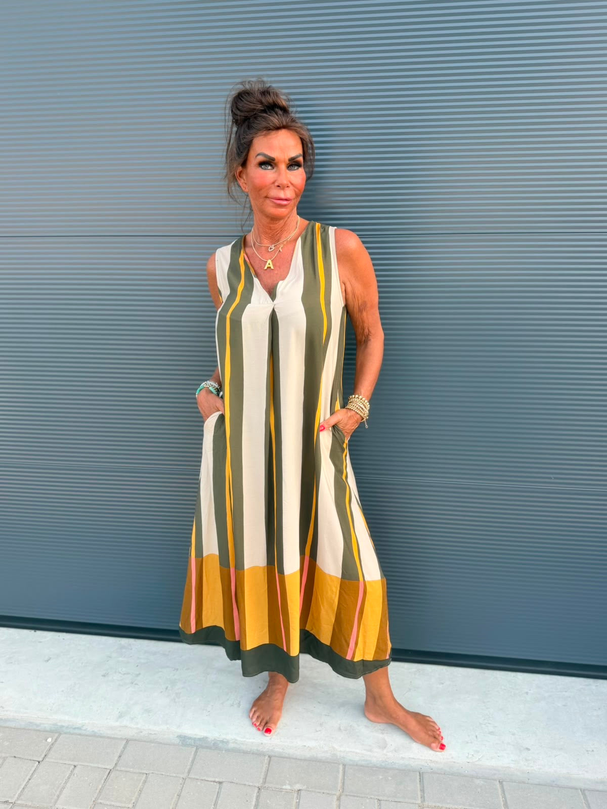 Viscose stripe jurk legergroen