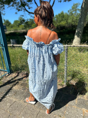 Lange off shoulder jurk "Tapas" lichtblauw