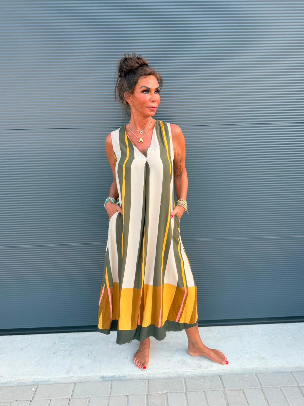 Viscose stripe jurk legergroen