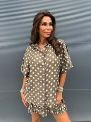 2 delig korte set "dotje” donkertaupe