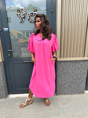 Lange jurk pofmouw "Britt" fuchsia