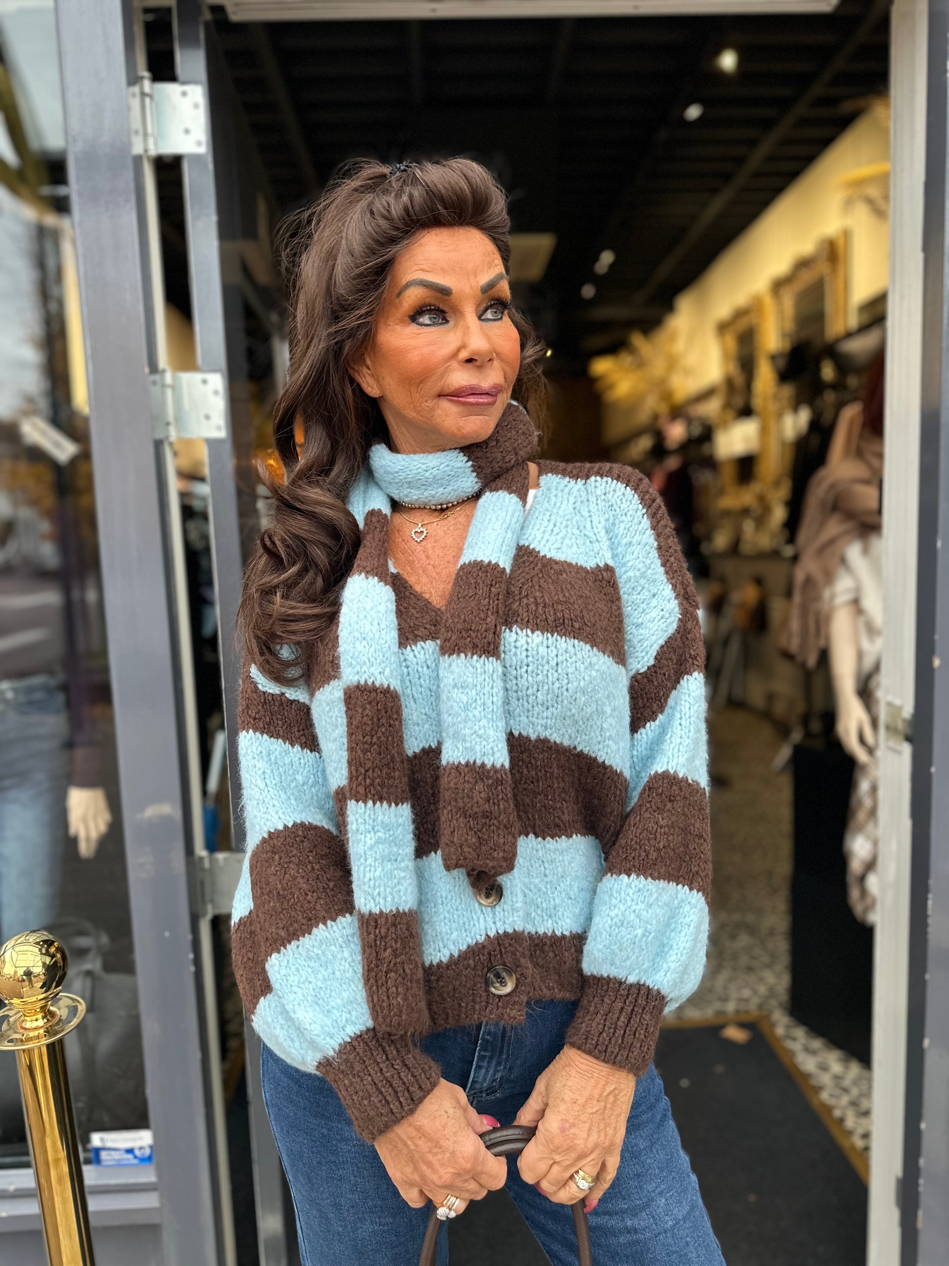 Vest met sjaal gestreept blauw/bruin