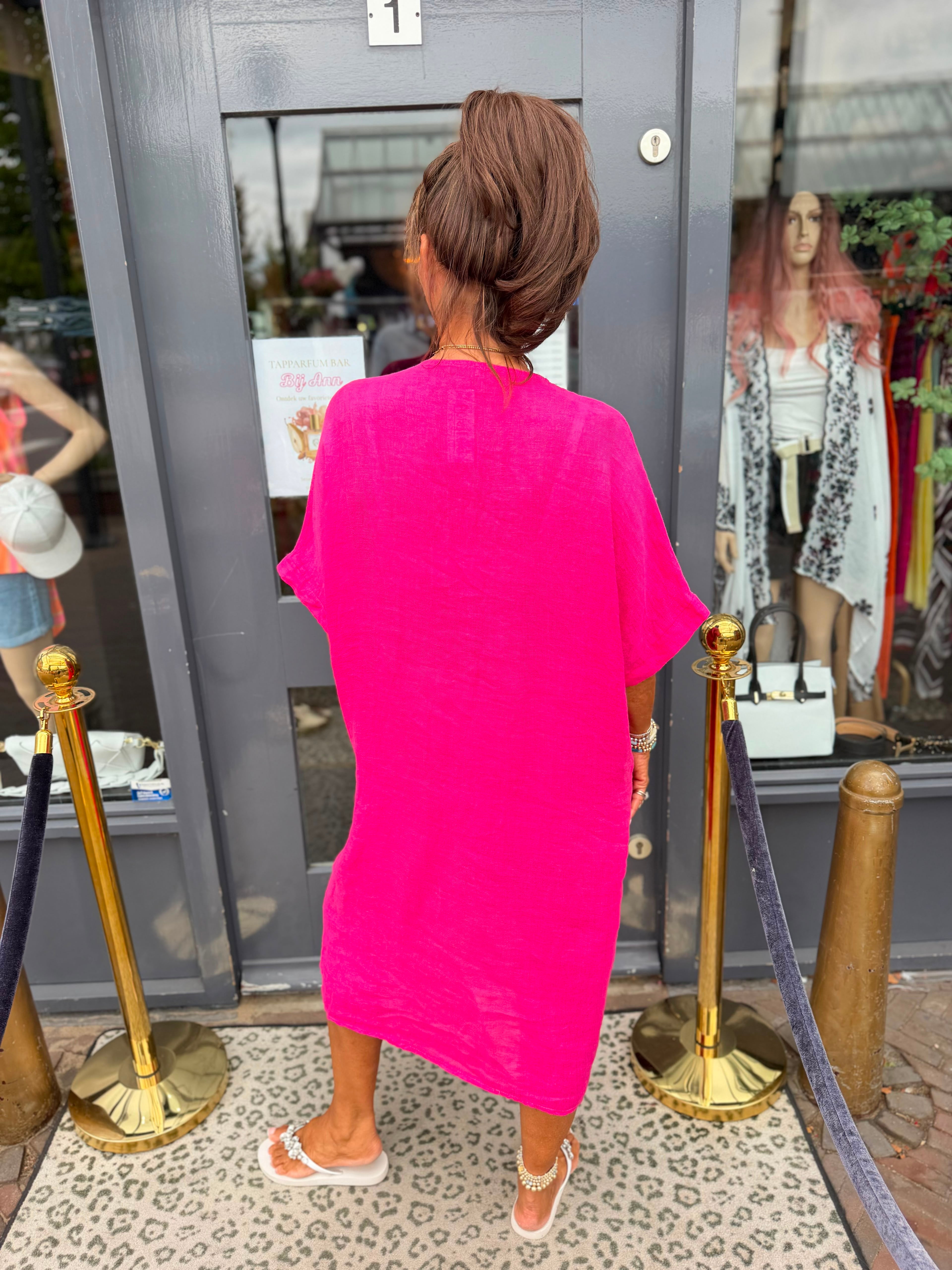 Linnen jurk knoop Fuchsia