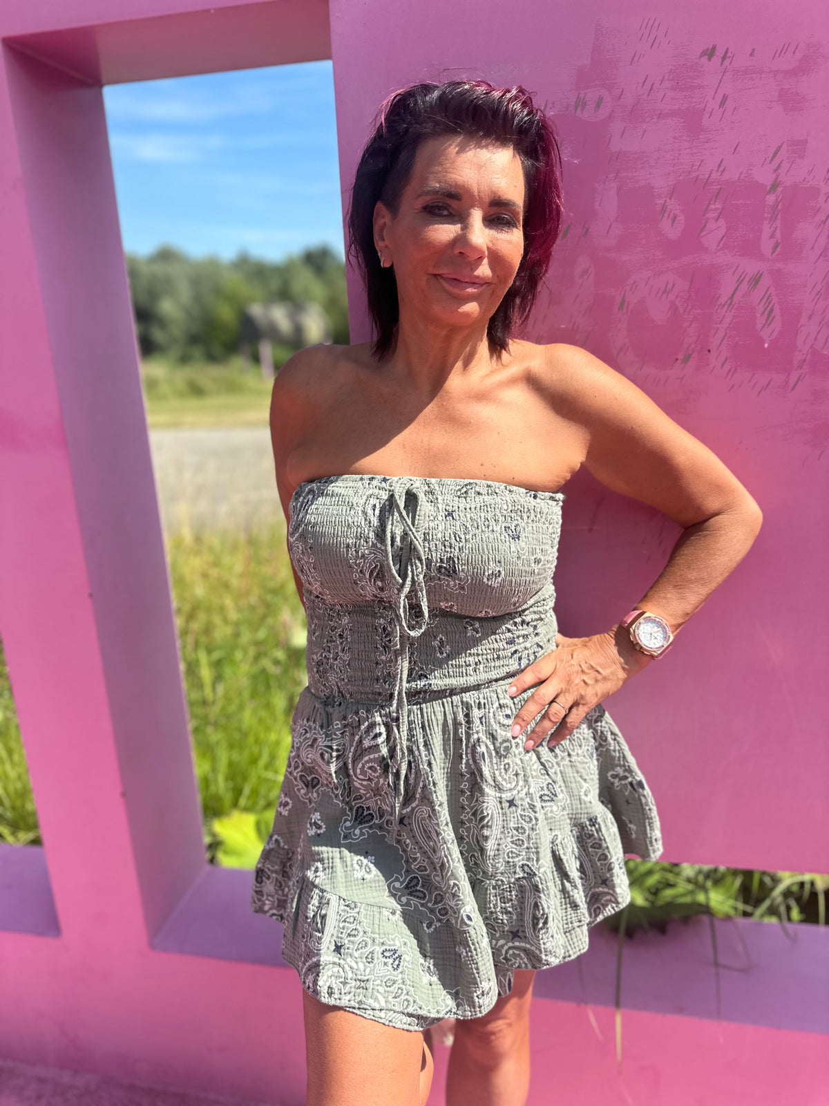 Playsuit kort "hydrofiel" print legergroen