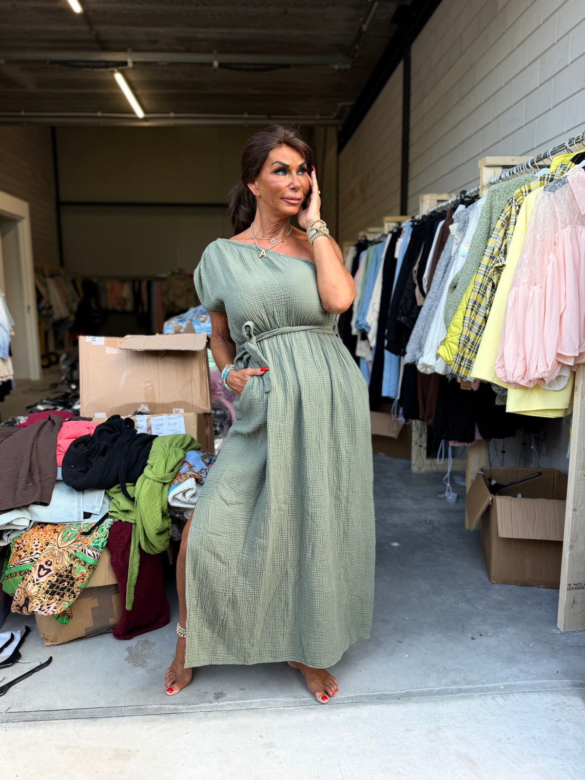 Hydrofiel Jurkje "off shoulder" legergroen