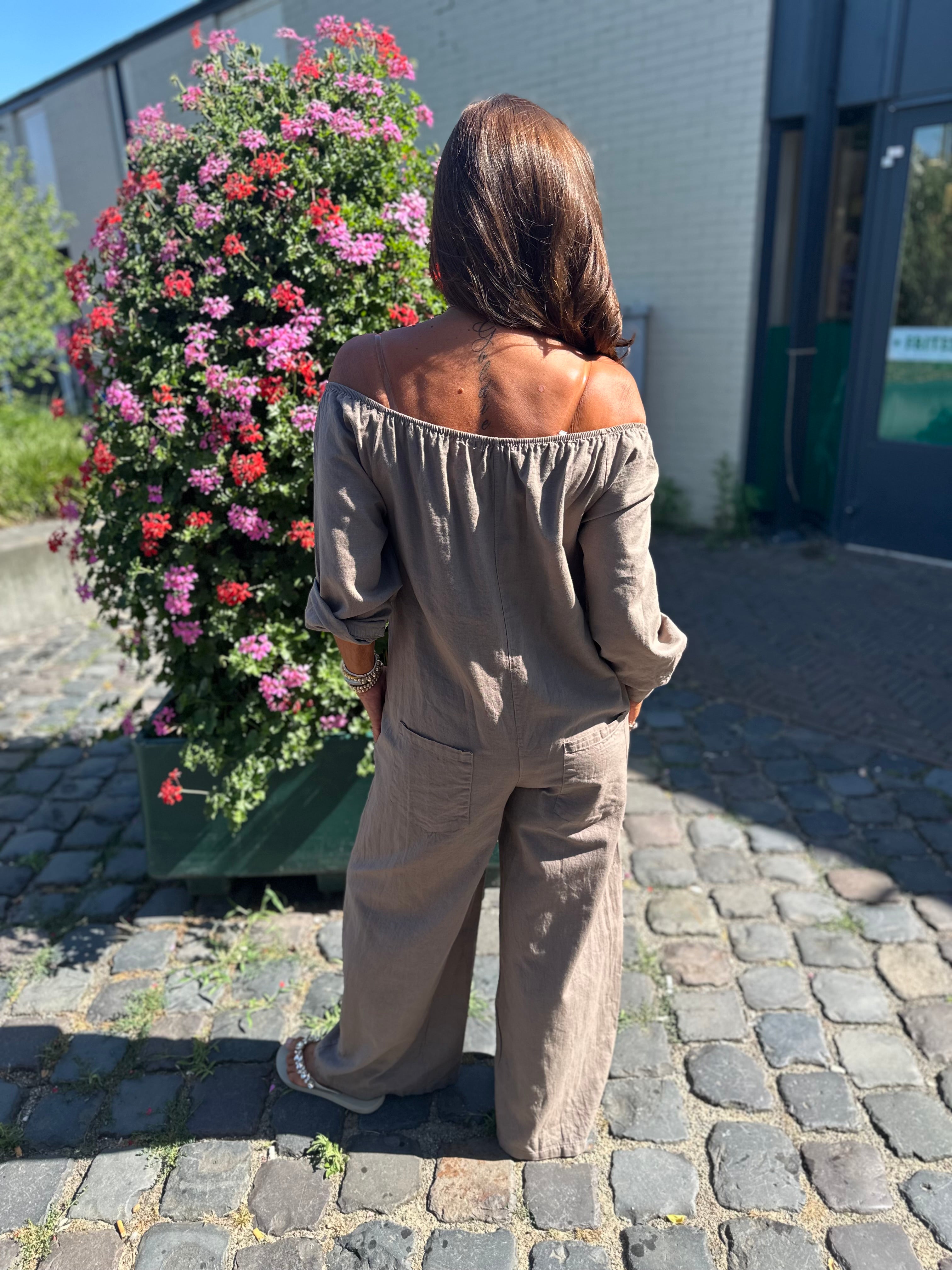 Linnen Offshoulder jumpsuit "Annie" Taupe