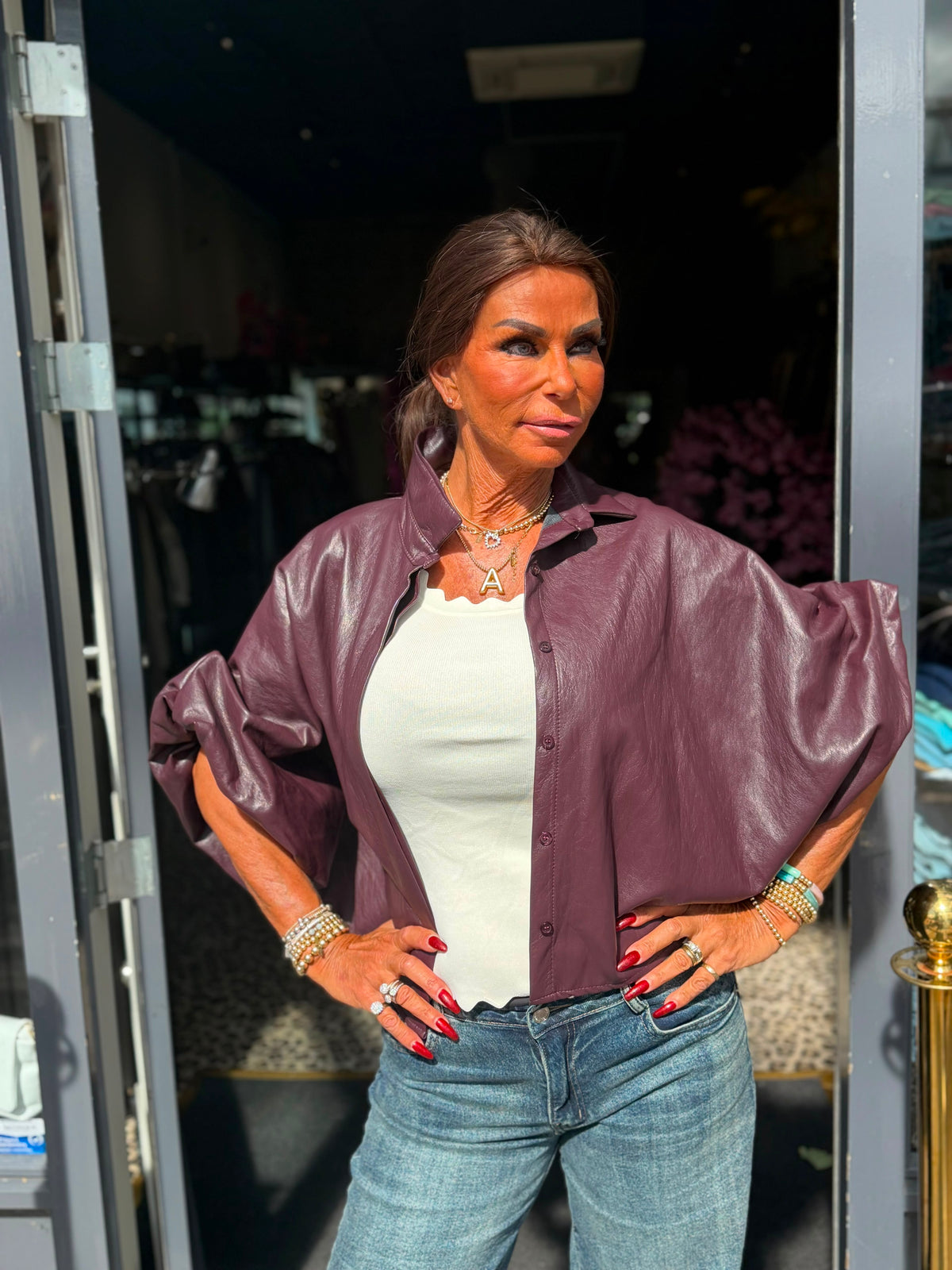 PU blouse jasje pofmouw aubergine