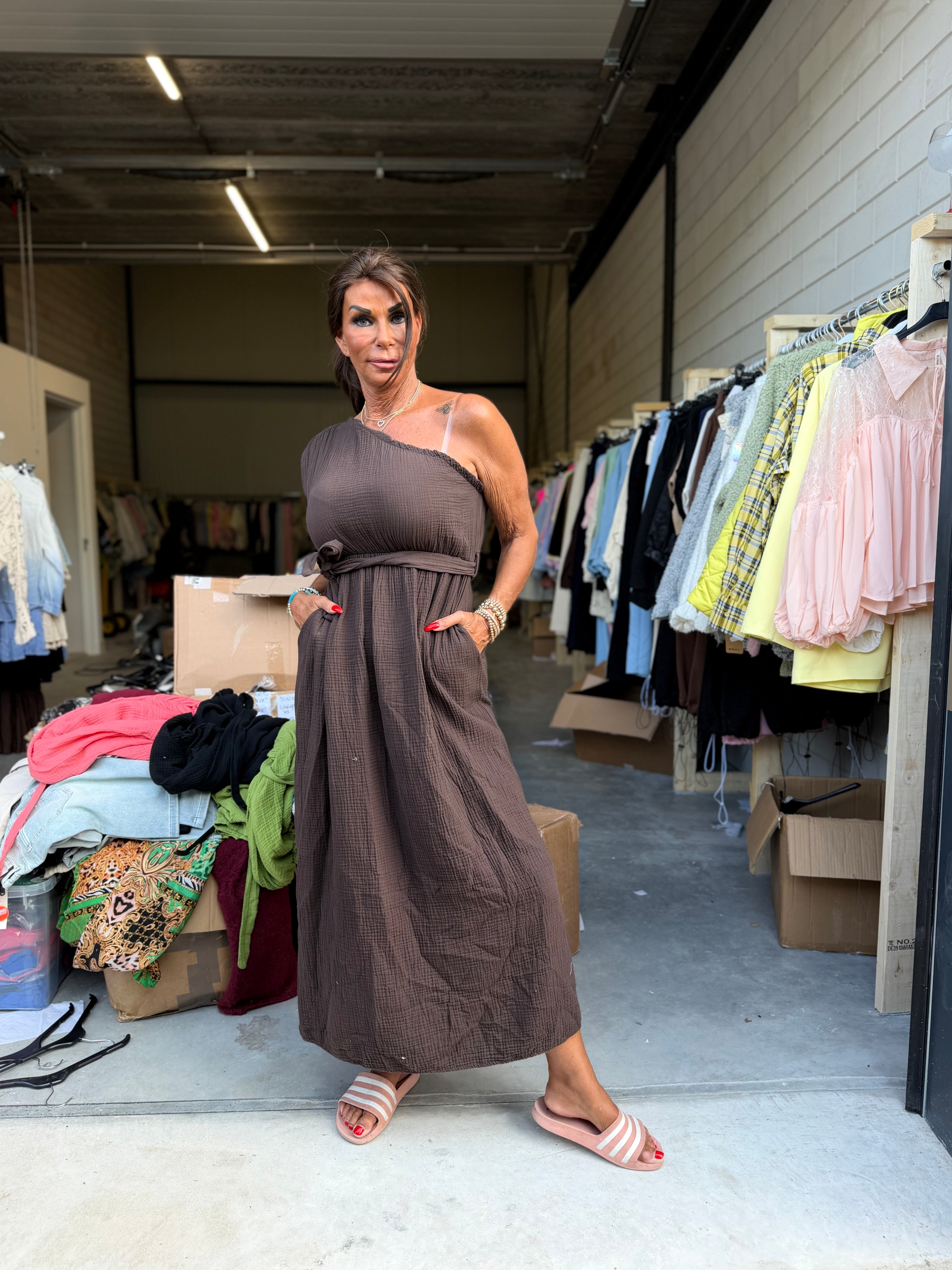 Hydrofiel Jurkje "off shoulder" donkerbruin