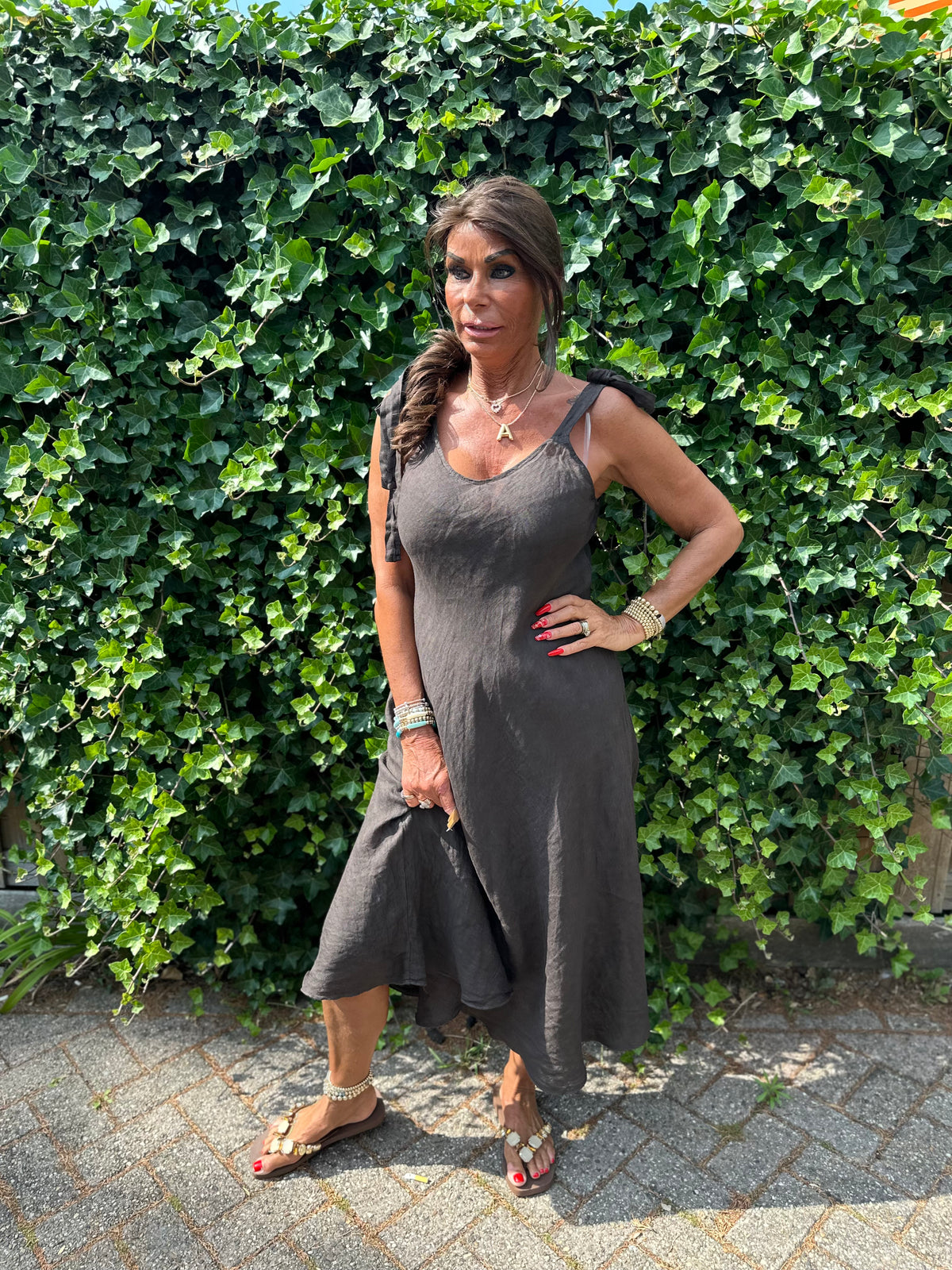 Linnen jurk Ribbon donkerbruin