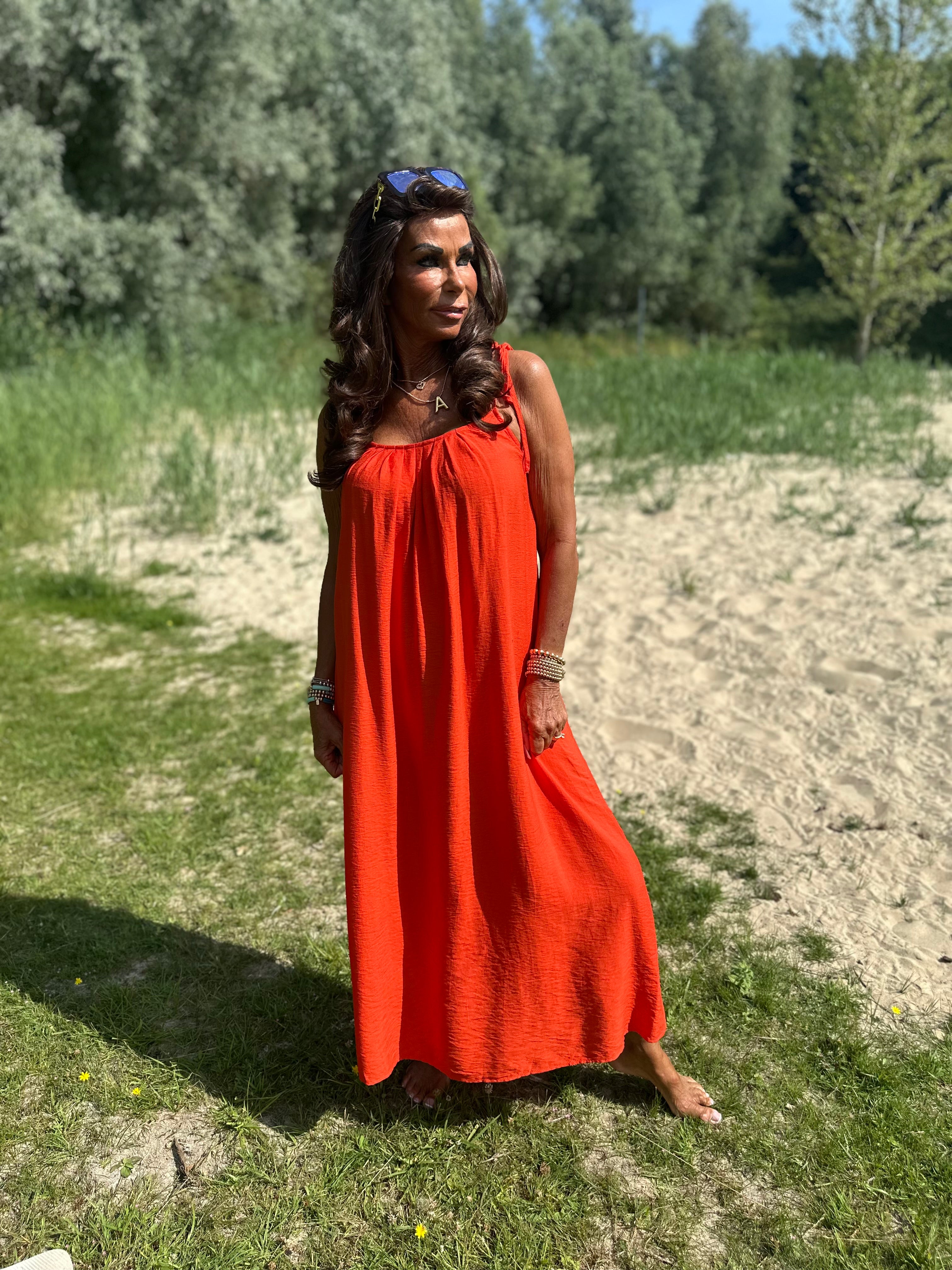 Lange jurk "Pearl" Koraal/Oranje