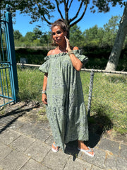 Lange off shoulder jurk "Tapas" Legergroen