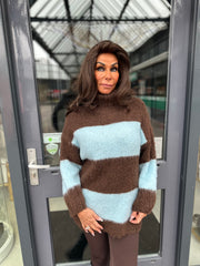 Lange Koltrui "Gestreept en zacht" Donkerbruin/Blauw