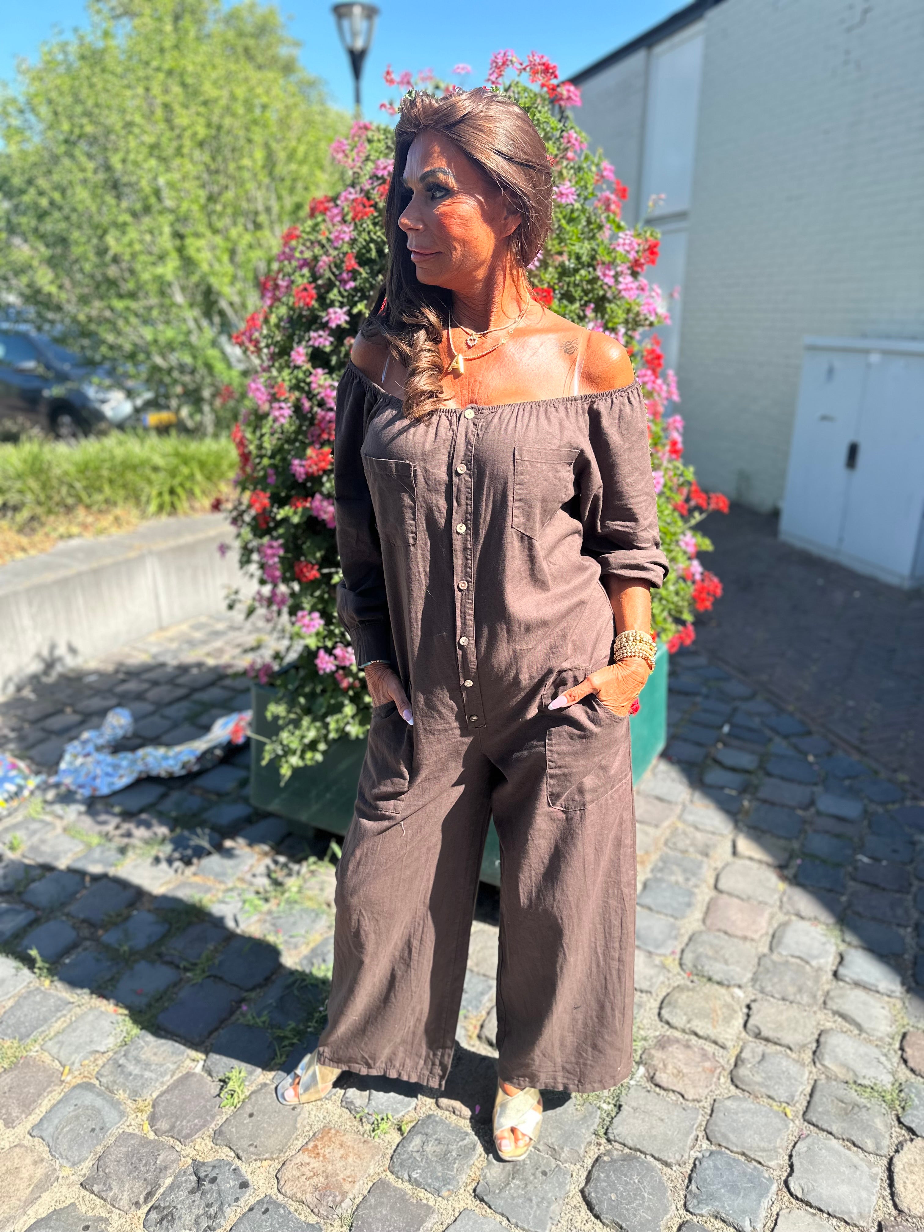 Linnen Offshoulder jumpsuit "Annie" Donkerbruin