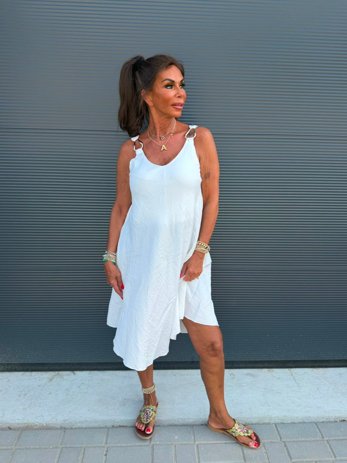 Viscose jurk “Gesp” offwhite