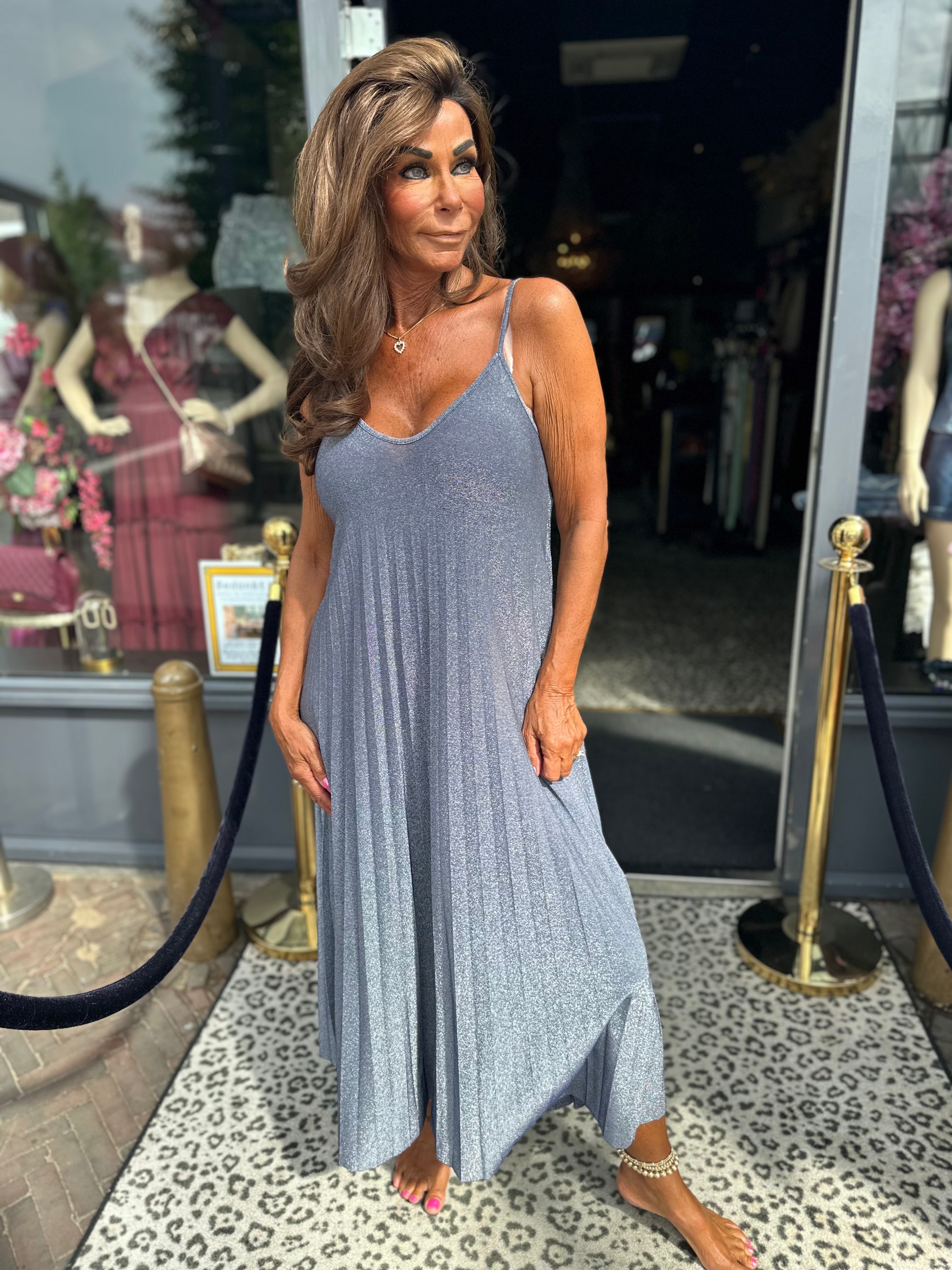 Lurex plisé Jurk "Emily" blauw/goud